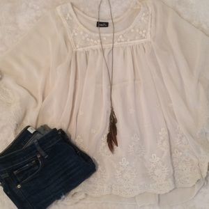 Sheer, cream colored lace, scalloped blouse